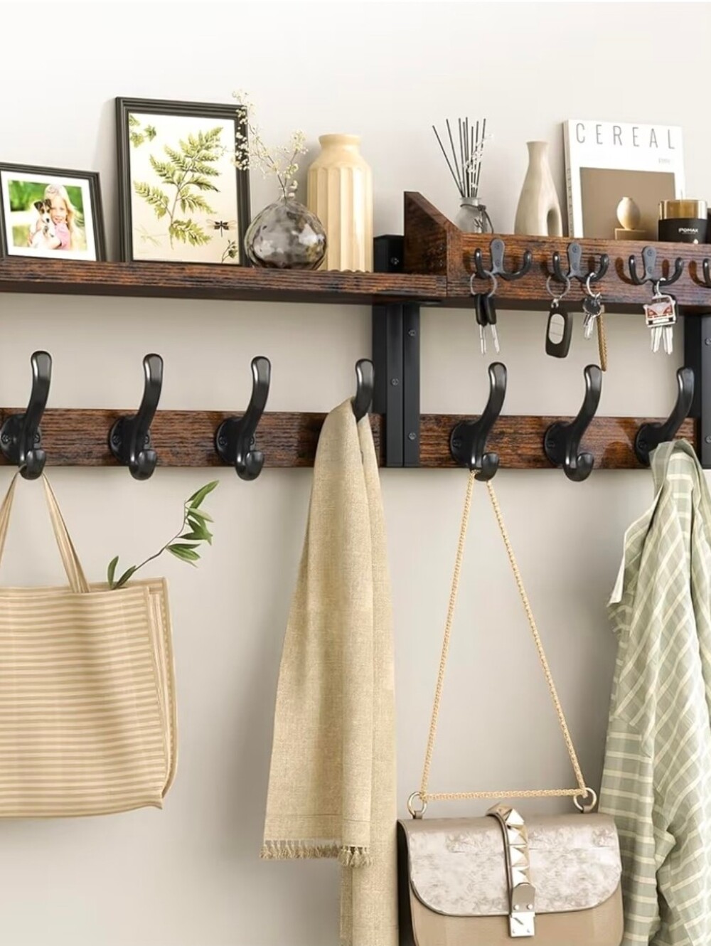 Rustic Wall-Mounted Coat Rack with Shelf - Black Hooks, Brown Wood